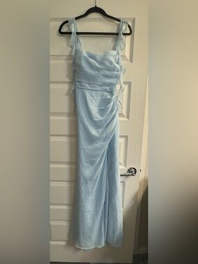Azazie Light Blue Ruffled Strap Maxi Dress